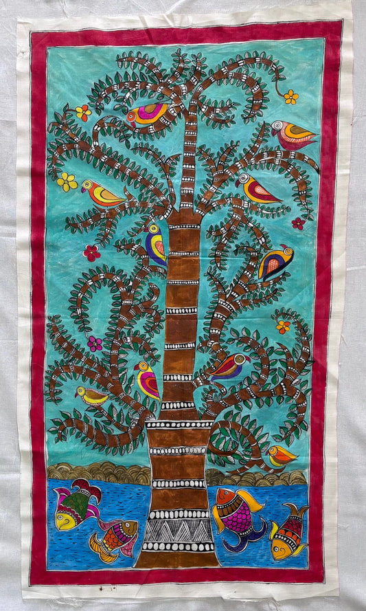 Tree of Life with Meen Yog - Hand-Painted Madhubani Poster