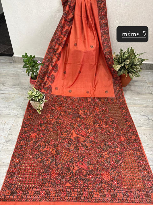Arav Ethnics MADHUBANI HAND-PAINTED TASSAR SILK SAREE